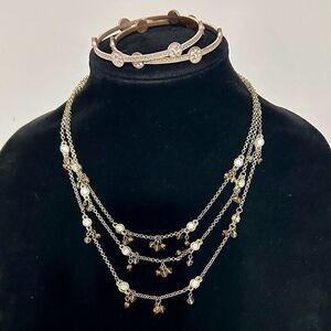 Loft Necklace 3 Strand Gold Tone Rhinestone 2 Bangle Crystal Bracelets